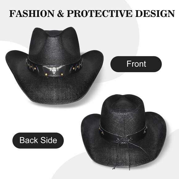 4239 Black Straw Cowboy Hat Western With Decorative Bands, Size Fits 22.04 main image 4